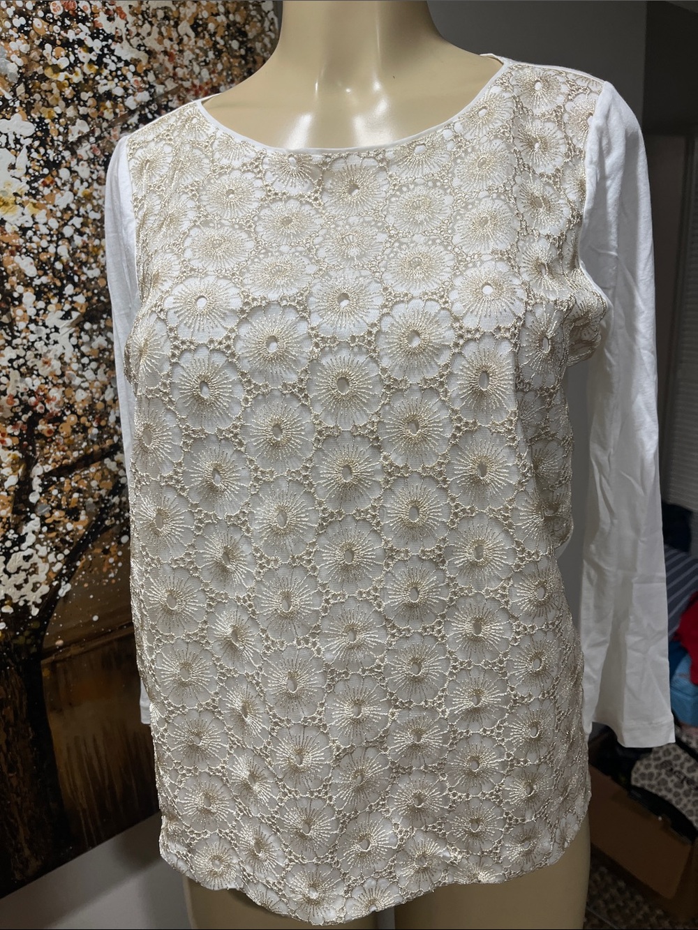 J. Crew White Crochet Front Long Sleeve Crop Top
